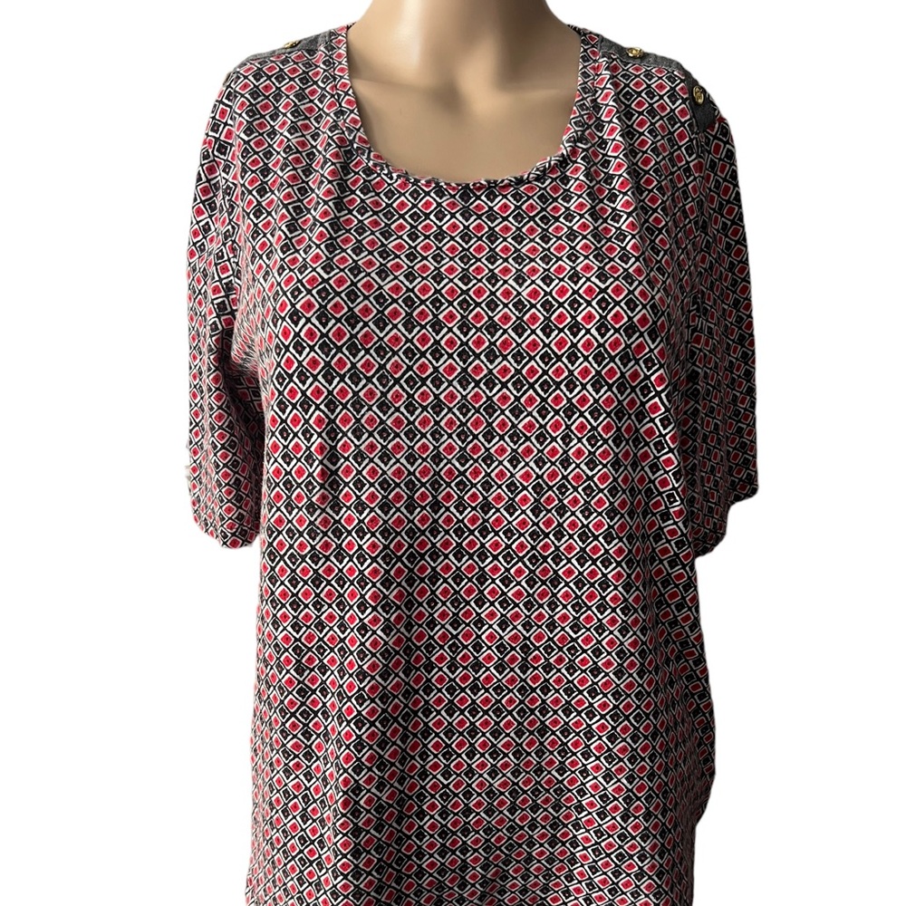 Womens Jones New York Signature Printed button shoulders short sleeves top (XL)